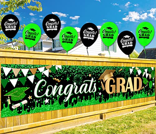 Large Congrats Grad Banner Green Class of 2023 Graduation Banner With 8 Pcs Balloons Decorations Yard Sign For College Graduation Party Supplies