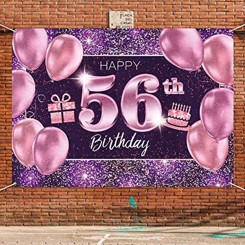 PAKBOOM Happy 56th Birthday Banner Backdrop - 56 Birthday Party Decorations Supplies for Women - Pink Purple Gold 4 x 6ft