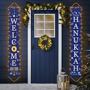 hanukkah door decoration banner with string light, 72”x12” hanukkah front door porch sign welcome and happy hanukkah chanukah home decorations party supplies (no battery)