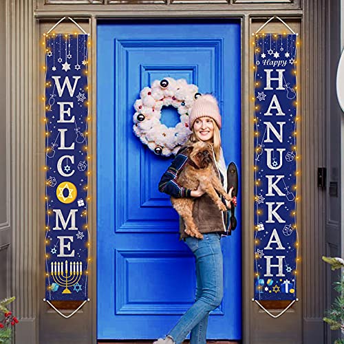 Hanukkah Door Decoration Banner with String Light, 72''x12'' Hanukkah Front Door Porch Sign Welcome and Happy Hanukkah Chanukah Home Decorations Party Supplies (NO BATTERY)