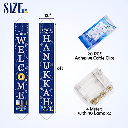 Hanukkah Door Decoration Banner with String Light, 72''x12'' Hanukkah Front Door Porch Sign Welcome and Happy Hanukkah Chanukah Home Decorations Party Supplies (NO BATTERY)