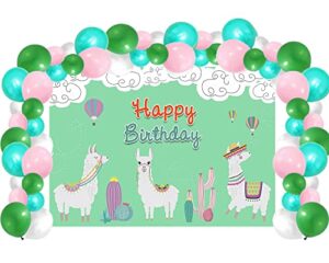 llama happy birthday party decorations, alpaca cactus photography backdrop banner sign decorations with 80pcs balloons arch garland kit for girls mexico fiesta themed birthday baby shower decorations