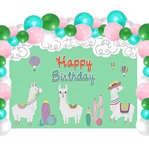 Llama Happy Birthday Party Decorations, Alpaca Cactus Photography Backdrop Banner Sign Decorations with 80pcs Balloons Arch Garland Kit for Girls Mexico Fiesta Themed Birthday Baby Shower Decorations