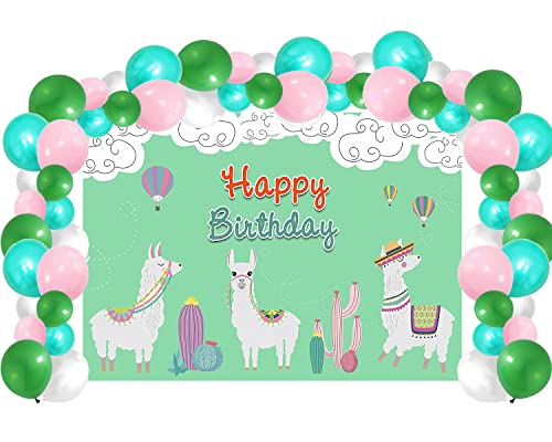 Llama Happy Birthday Party Decorations, Alpaca Cactus Photography Backdrop Banner Sign Decorations with 80pcs Balloons Arch Garland Kit for Girls Mexico Fiesta Themed Birthday Baby Shower Decorations