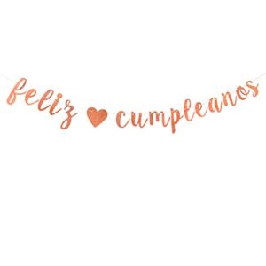 rose gold glitter feliz cumpleanos banner, bunting garlands for celebrating fiesta theme/spanish birthday/anniversary party decoration (pre-strung)