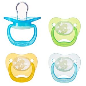 amazon brand – mama bear glow-in-the-dark baby pacifier, stage 1 (0-6m), bpa free, assorted colors (pack of 4)
