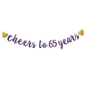 cheers to 65 years banner, pre-strung, purple glitter paper garlands banner for 65th birthday/anniversary party decorations supplies, letters purple, betteryanzi