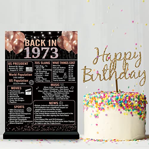 Trgowaul 50th Birthday Decorations Set: Includes Rose Gold Birthday Backdrop Banner 5.9 X 3.6 Fts, Rose Gold Back in 1973 Birthday Poster Acrylic Table Sign with Stand