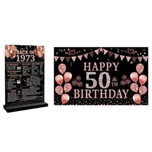 trgowaul 50th birthday decorations set: includes rose gold birthday backdrop banner 5.9 x 3.6 fts, rose gold back in 1973 birthday poster acrylic table sign with stand