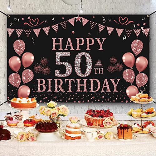 Trgowaul 50th Birthday Decorations Set: Includes Rose Gold Birthday Backdrop Banner 5.9 X 3.6 Fts, Rose Gold Back in 1973 Birthday Poster Acrylic Table Sign with Stand