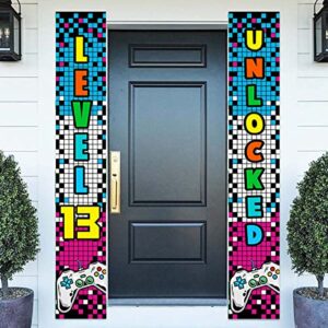 level 13 unlocked happy 13th birthday level up banner backdrop background photo booth props video game game controller theme decor for door porch boys girls 13th birthday party supplies decorations