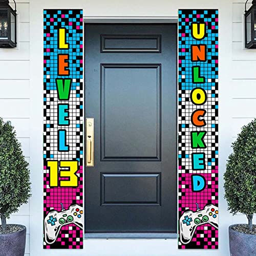 Level 13 Unlocked Happy 13th Birthday Level Up Banner Backdrop Background Photo Booth Props Video Game Game Controller Theme Decor for Door Porch Boys Girls 13th Birthday Party Supplies Decorations