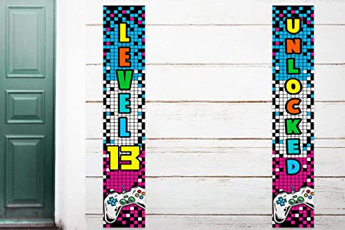 Level 13 Unlocked Happy 13th Birthday Level Up Banner Backdrop Background Photo Booth Props Video Game Game Controller Theme Decor for Door Porch Boys Girls 13th Birthday Party Supplies Decorations