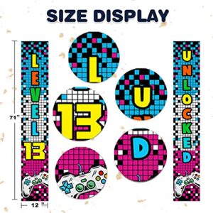 Level 13 Unlocked Happy 13th Birthday Level Up Banner Backdrop Background Photo Booth Props Video Game Game Controller Theme Decor for Door Porch Boys Girls 13th Birthday Party Supplies Decorations