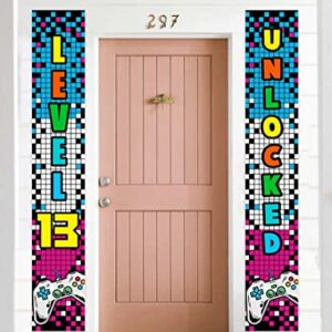 Level 13 Unlocked Happy 13th Birthday Level Up Banner Backdrop Background Photo Booth Props Video Game Game Controller Theme Decor for Door Porch Boys Girls 13th Birthday Party Supplies Decorations