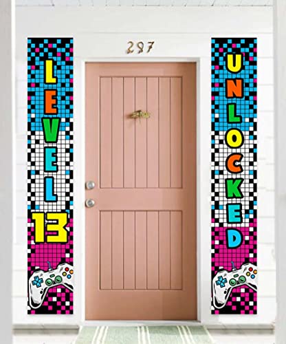 Level 13 Unlocked Happy 13th Birthday Level Up Banner Backdrop Background Photo Booth Props Video Game Game Controller Theme Decor for Door Porch Boys Girls 13th Birthday Party Supplies Decorations