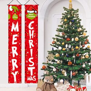 grinch christmas decorations, christmas porch banner christmas decor for indoor and outdoor, merry grinchmas banner xmas porch door sign wall hanging christmas party decorations(red)
