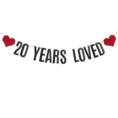 20 YEARS LOVED Banner, Pre-Strung, Black Glitter Paper Garlands for 20th Birthday/Wedding Anniversary Party Decoratiopns Supplies, Letters Black,ABCpartyland