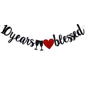 MJJLT 10 Years Blessed Black Paper Sign Banner for Boy/Girl's 10th Birthday Party Supplies,Pre-Strung 10th Wedding Anniversary Party Decorations