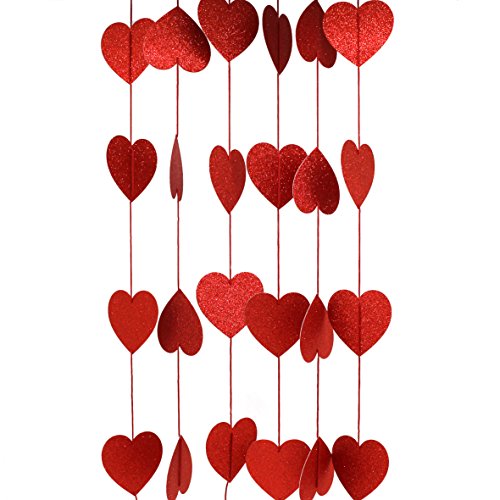 CVHOMEDECO. Glittered Paper Heart Shape String Garland Hanging Décor for Wedding Birthday Party Festival Home Background Decorative, 8.2 feet, Pack of 2 PCS (Red)