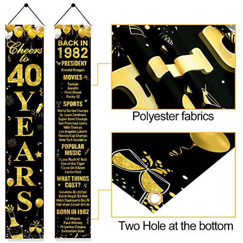 40th Birthday Door Banner Decorations for Women Men, 2Pcs Black Gold Cheers to 40 Years Back in 1982 Backdrop Party Supplies, Happy 40 Year Old Birthday Door Porch Decor Sign