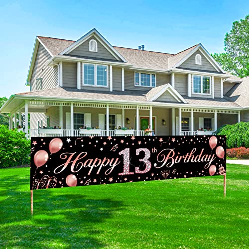 13th Birthday Banner Decorations for Girls, Rose Gold 13 Year Old Birthday Party Supplies, Happy Sweet Thirteen Birthday Sign Decor for Indoor Outdoor