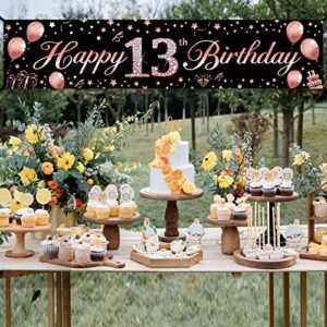 13th Birthday Banner Decorations for Girls, Rose Gold 13 Year Old Birthday Party Supplies, Happy Sweet Thirteen Birthday Sign Decor for Indoor Outdoor