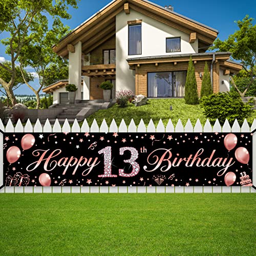 13th Birthday Banner Decorations for Girls, Rose Gold 13 Year Old Birthday Party Supplies, Happy Sweet Thirteen Birthday Sign Decor for Indoor Outdoor