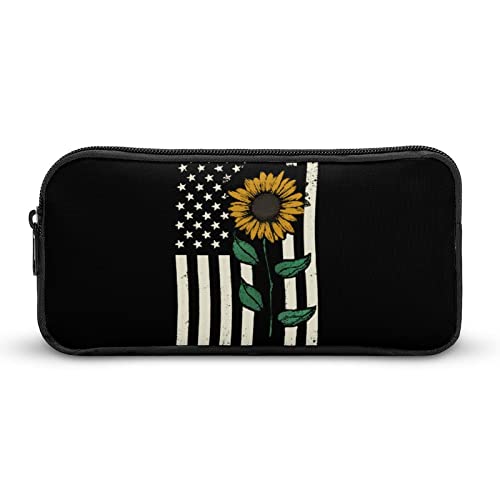 Sunflower with American Flag Pencil Case Pencil Pouch Coin Pouch Cosmetic Bag Office Stationery Organizer