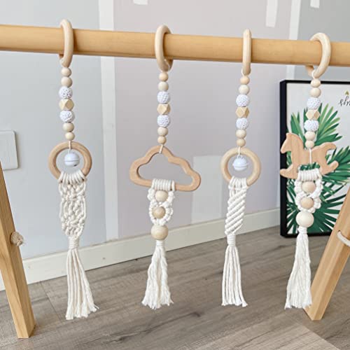 Beavorty 4Pcs Baby Wooden Gym Teething Rings with Tassels Macrame Fitness Woven Crib Hanging Rattles Pendants Toys Crib Hanging Ornaments