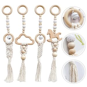 Beavorty 4Pcs Baby Wooden Gym Teething Rings with Tassels Macrame Fitness Woven Crib Hanging Rattles Pendants Toys Crib Hanging Ornaments