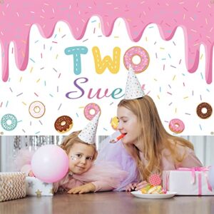 Crenics Two Sweet Birthday Party Decorations, Two Sweet Donut Birthday Backdrop Banner, Donut Theme Birthday Party Supplies for 2nd Birthday Decorations Girls, 5.9 x 3.6 Ft