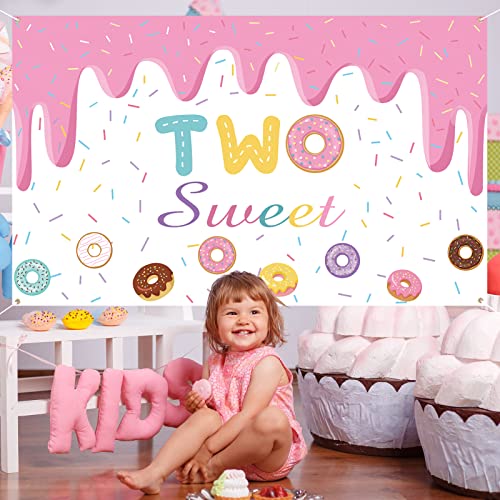 Crenics Two Sweet Birthday Party Decorations, Two Sweet Donut Birthday Backdrop Banner, Donut Theme Birthday Party Supplies for 2nd Birthday Decorations Girls, 5.9 x 3.6 Ft