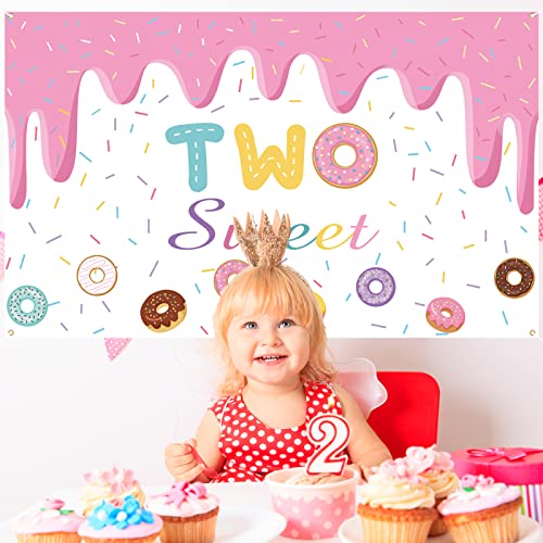 Crenics Two Sweet Birthday Party Decorations, Two Sweet Donut Birthday Backdrop Banner, Donut Theme Birthday Party Supplies for 2nd Birthday Decorations Girls, 5.9 x 3.6 Ft
