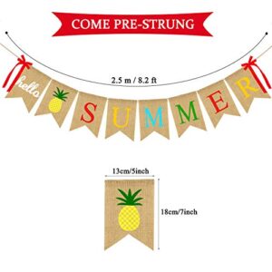 JOZON Hello Summer Burlap Banner Jute Summer Bunting Banner Garland Pineapple Summer Decorations for Holiday Party Mantel Fireplace Wall Hawaiian Party Supplies Decors
