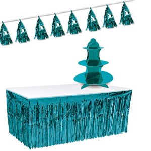 teal turquoise party decorations kit with metallic turquoise fringe table skirting, 3-tier cupcake stand, and tassel garland, perfect for birthday and anniversary parties, baby showers