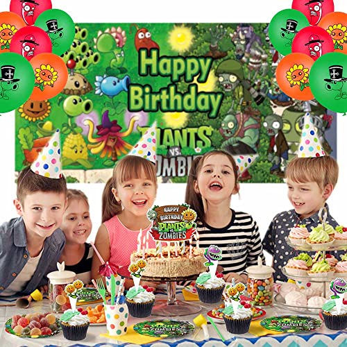 Plants vs. Zombies Party Supplies Birthday Decorations Plates Balloons Banner Cake Toppers Plastic Cutlery Disposable Plastic Knives Forks Set Decorations Decor