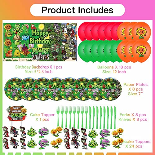 Plants vs. Zombies Party Supplies Birthday Decorations Plates Balloons Banner Cake Toppers Plastic Cutlery Disposable Plastic Knives Forks Set Decorations Decor