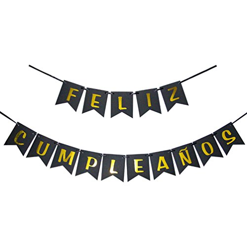 INNORU Feliz Cumpleaños Banner - Happy Birthday Banner Black and Gold Birthday Party Decoration Supplies