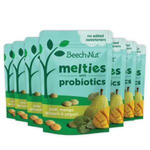 beech-nut probiotic melties yogurt melts, pear mango spinach & yogurt, 1oz (7 pack), toddler & baby snacks