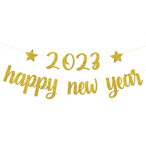 Hello 2023 Happy New Year Banner Gold Glitter Cheers to 2023 Sign, New Year Decoration for Outdoor&Indoor Photo Propsr