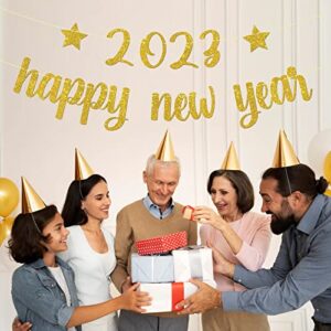 Hello 2023 Happy New Year Banner Gold Glitter Cheers to 2023 Sign, New Year Decoration for Outdoor&Indoor Photo Propsr