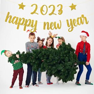 Hello 2023 Happy New Year Banner Gold Glitter Cheers to 2023 Sign, New Year Decoration for Outdoor&Indoor Photo Propsr