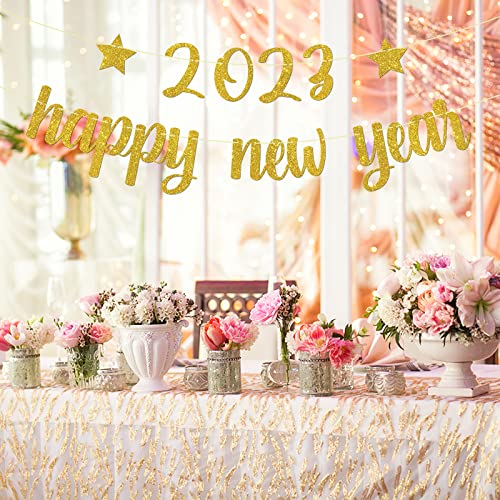 Hello 2023 Happy New Year Banner Gold Glitter Cheers to 2023 Sign, New Year Decoration for Outdoor&Indoor Photo Propsr