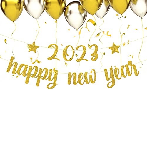 Hello 2023 Happy New Year Banner Gold Glitter Cheers to 2023 Sign, New Year Decoration for Outdoor&Indoor Photo Propsr