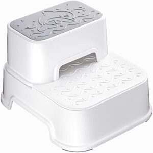 two step stool for kids, double up toddler step stool for potty training, kitchen, bathroom, toilet stool with anti-slip strips for safety, stackable, wide step (1 pack white)
