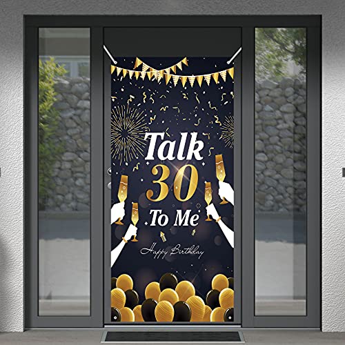 Dill-Dall Happy 30th Birthday Door Cover Banner, Talk 30 to Me Sign, 30th Birthday Backdrop Banner, 30th Birthday Party Decorations (Black & Gold)