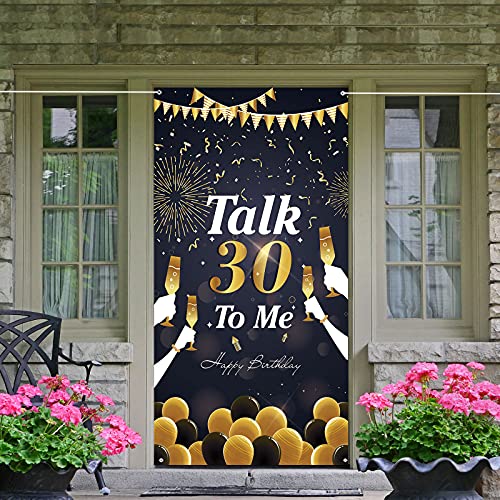 Dill-Dall Happy 30th Birthday Door Cover Banner, Talk 30 to Me Sign, 30th Birthday Backdrop Banner, 30th Birthday Party Decorations (Black & Gold)