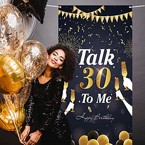 Dill-Dall Happy 30th Birthday Door Cover Banner, Talk 30 to Me Sign, 30th Birthday Backdrop Banner, 30th Birthday Party Decorations (Black & Gold)