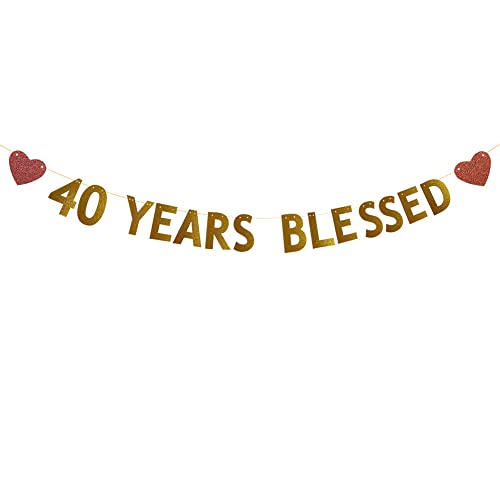 Betteryanzi Gold 40 Years Blessed Banner,Pre-strung,40th Birthday / Wedding Anniversary Party Decorations Supplies,Gold Glitter Paper Garlands Backdrops,Letters Gold 40 YEARS BLESSED